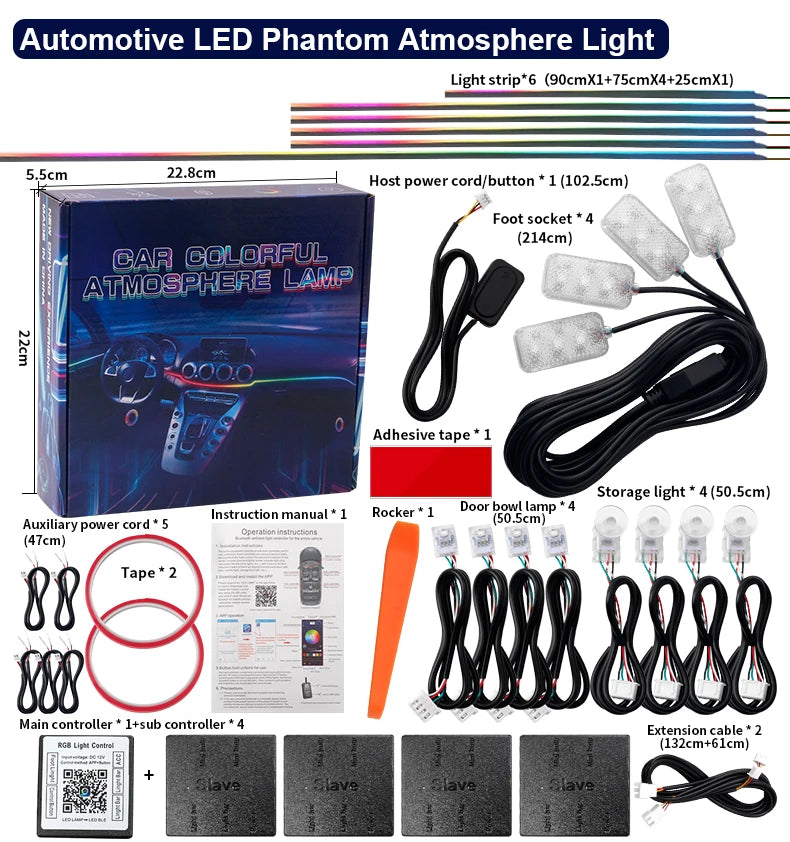 Automotive LED Phantom Atmosphere Light kit with packaging, components, and accessories.