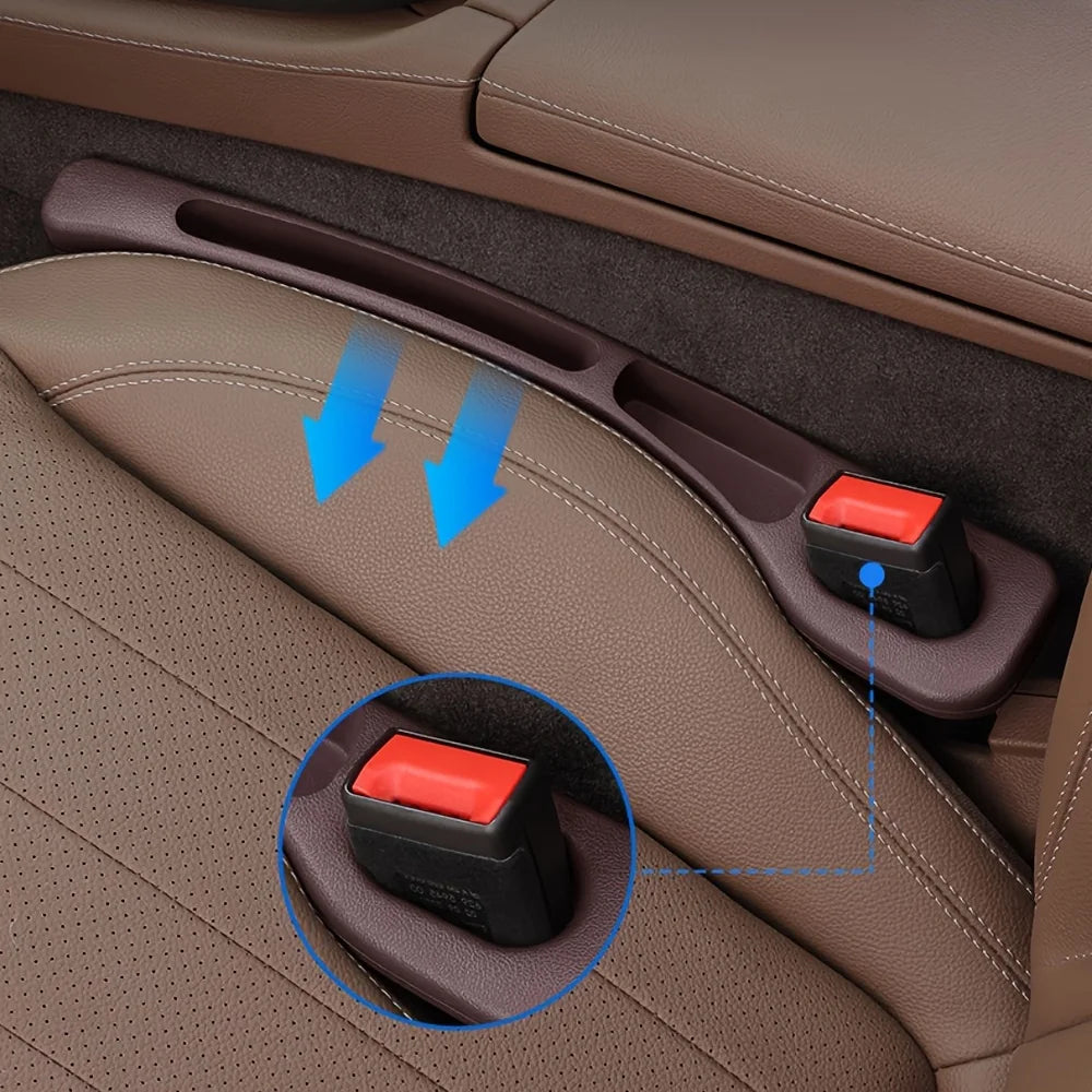 Car seat with red and black buttons, highlighted with blue arrows and a circle.