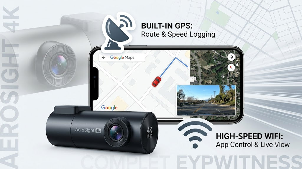 A black AerOSIGHT 4K built-in GPS dash cam shown with a smartphone displaying a map and live video feed, with text highlighting GPS route and speed logging and high-speed WiFi app control and live view.