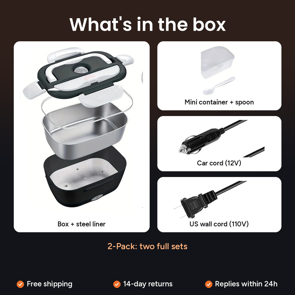 What's in the box: lunch box, steel liner, mini container, spoon, 12V car cord, 110V wall cord