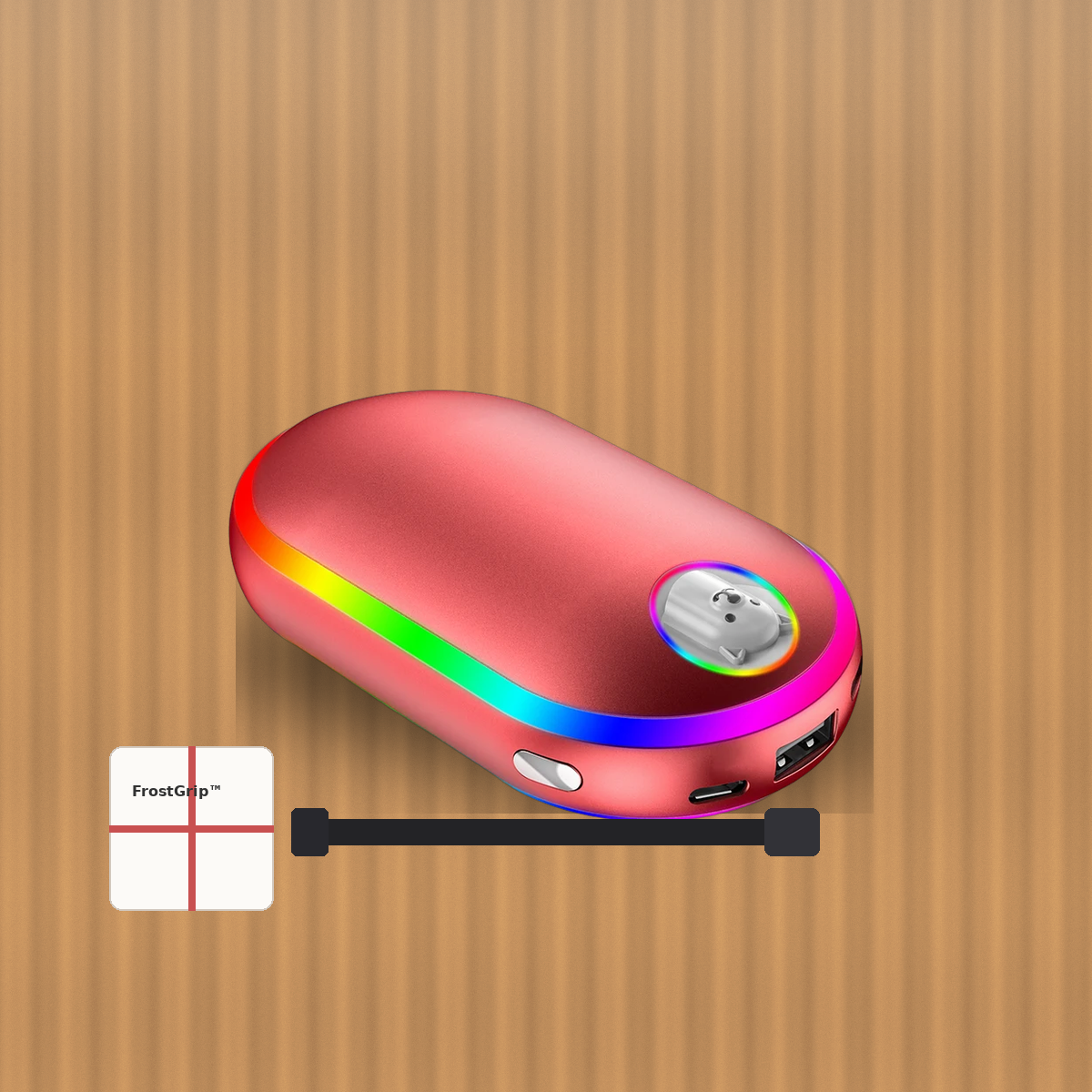 FrostGrip rechargeable pocket hand warmer on wood table