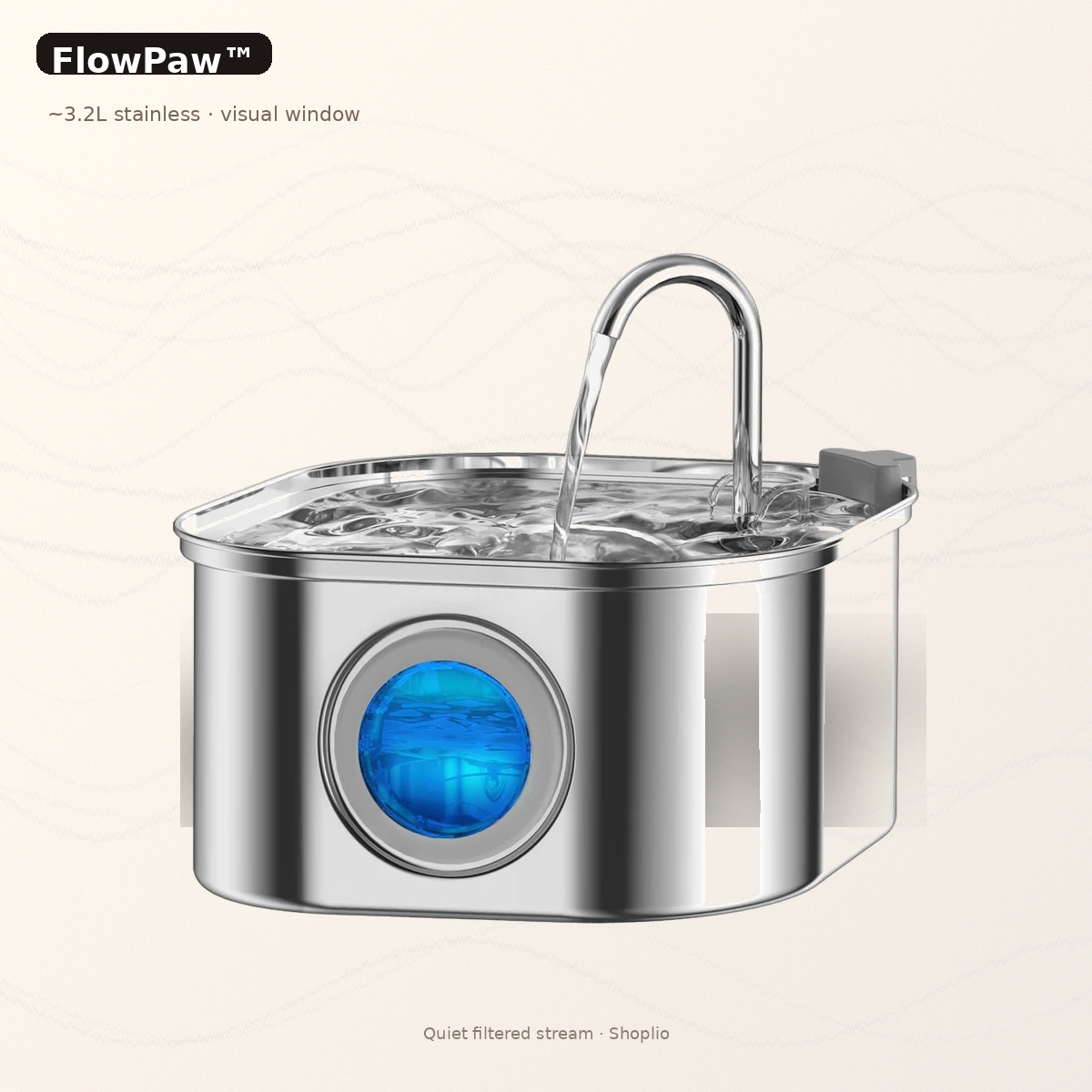 FlowPaw™ stainless pet fountain with visual window