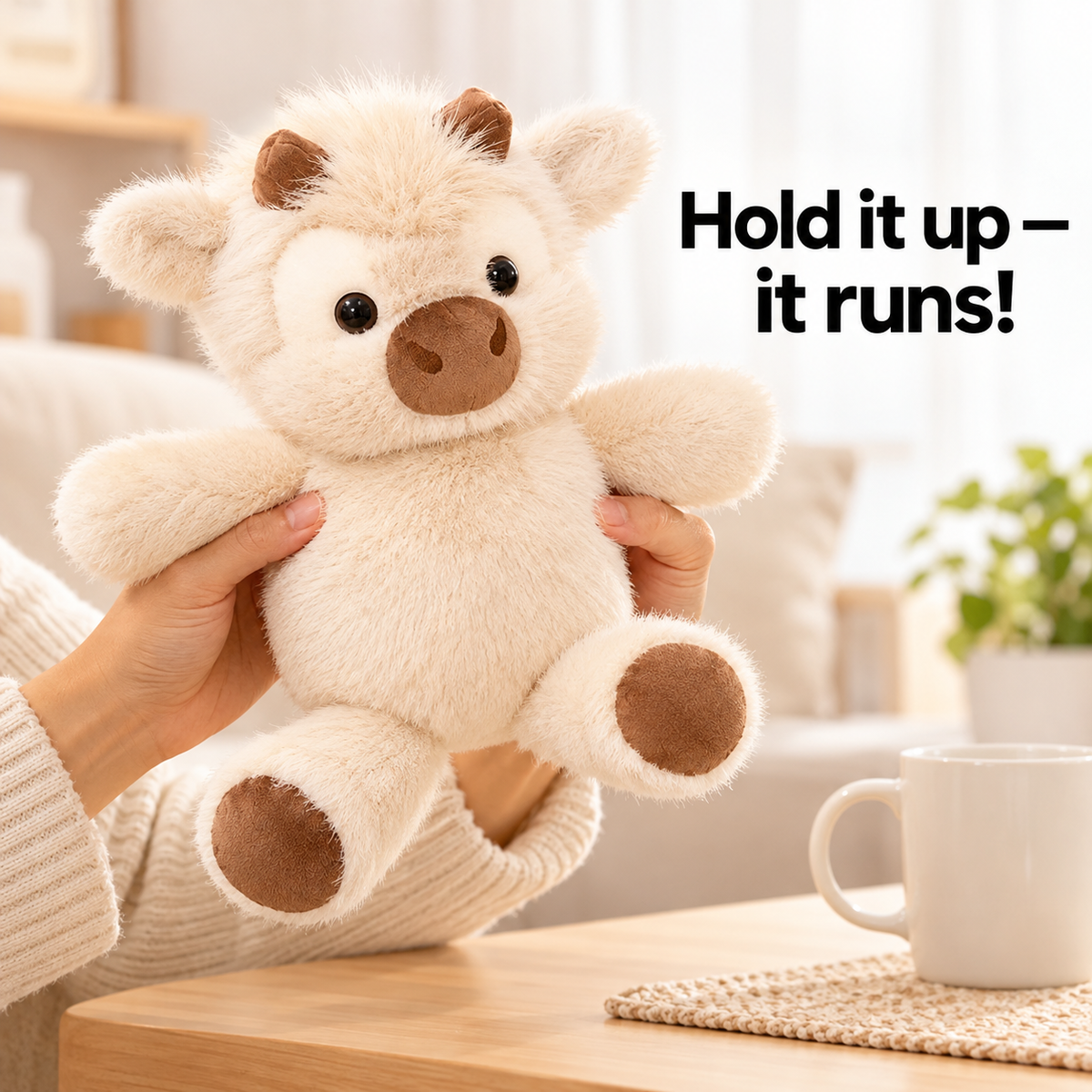 Cream highland calf plush size next to a mug