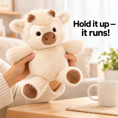 Cream highland calf plush size next to a mug