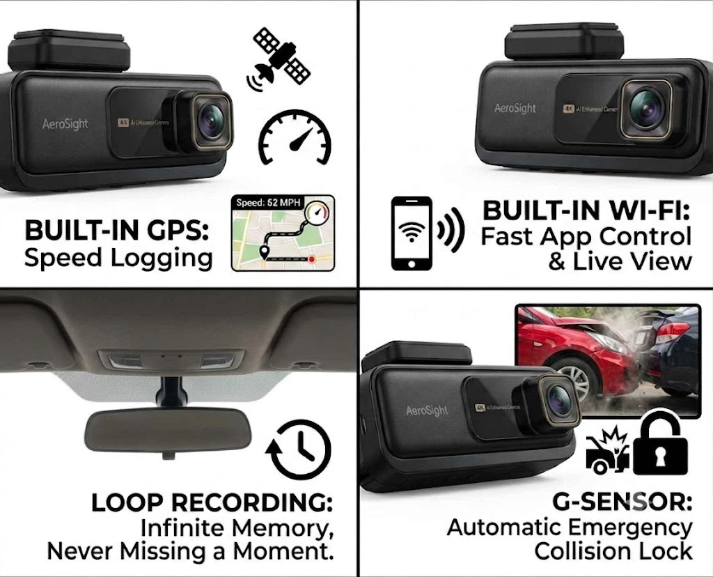 A 2x2 feature infographic for the AerSight car dashcam, showing the black camera unit in four quadrants with text and icons for Built-In GPS speed logging, Built-In Wi-Fi live view, loop recording, and G-sensor automatic emergency lock.