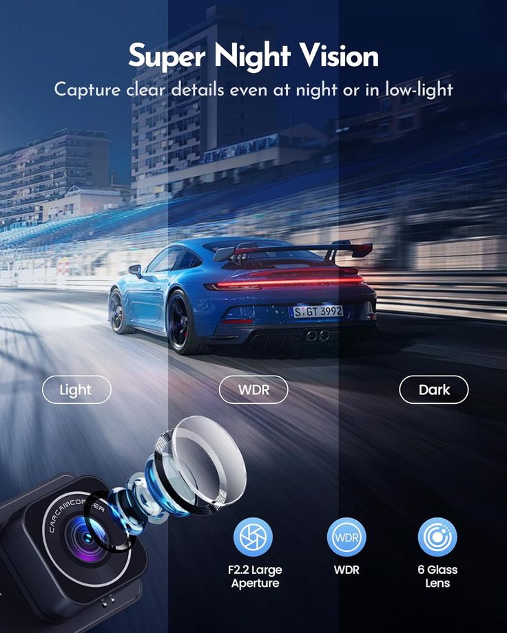 Car driving on a track with 'Super Night Vision' text and features displayed.