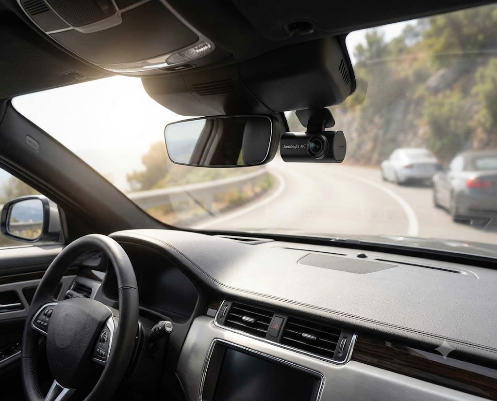 A black dash cam mounted on the windshield of a car, shown from an interior dashboard perspective while driving on a winding road.