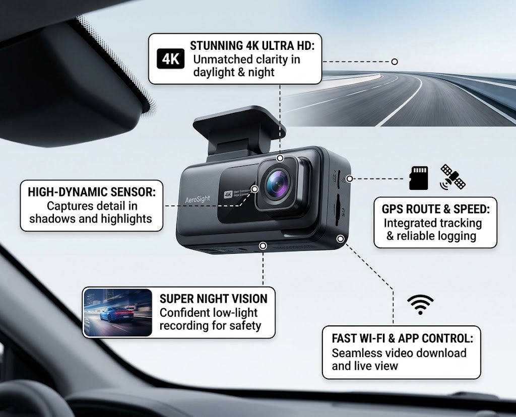 Black dash cam with callout text and icons highlighting features like 4K ultra HD clarity, high-dynamic sensor, GPS route & speed logging, super night vision, and fast Wi-Fi & app control, shown mounted inside a car windshield.