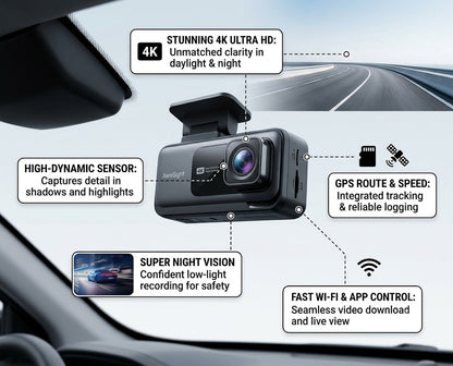 Black dash cam with callout text and icons highlighting features like 4K ultra HD clarity, high-dynamic sensor, GPS route & speed logging, super night vision, and fast Wi-Fi & app control, shown mounted inside a car windshield.