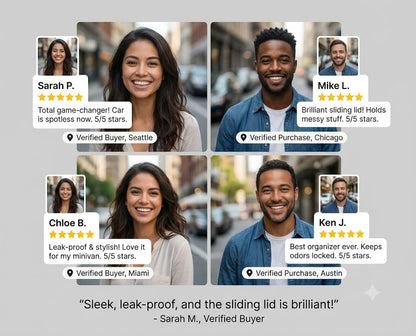 A promotional collage showing four verified buyer testimonials with photos of shoppers, star ratings, city labels, and a quote at the bottom on a light gray background.