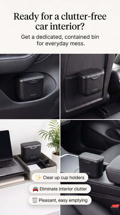 A collage showing a small black trash bin with a lid placed in different car interior locations, including a cup holder, side pocket, and center console. Text at the top reads 'Ready for a clutter-free car interior?' and the bottom text says 'Clear up cup holders, Eliminate interior clutter, Pleasant, easy emptying.