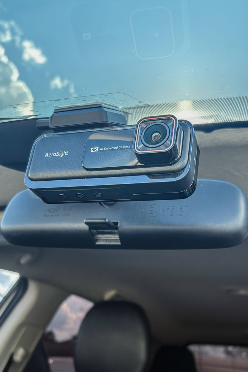 Car dashboard camera mounted on a car's windshield with a clear sky background.