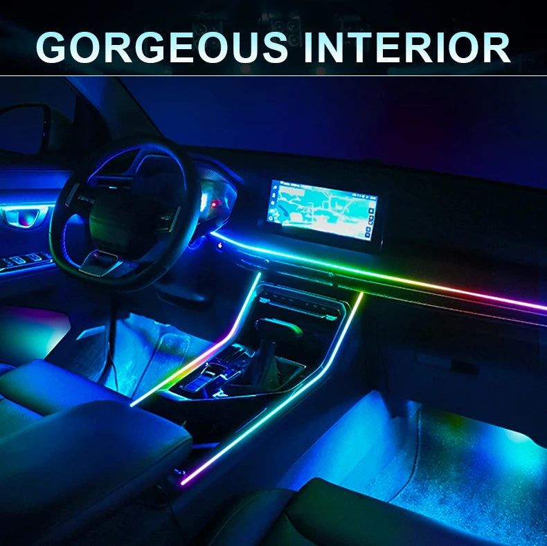 Car interior with colorful LED strip lights and 'GORGEOUS INTERIOR' text.