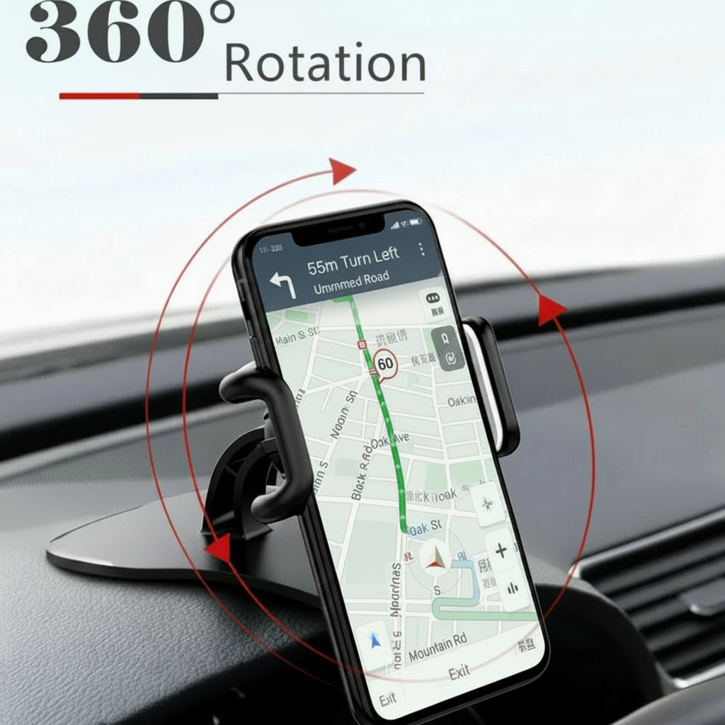 Phone mount on car dashboard with 360-degree rotation feature