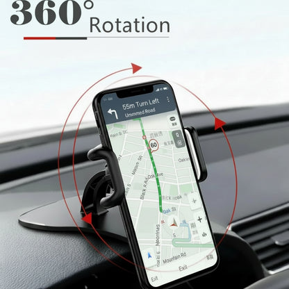 Phone mount on car dashboard with 360-degree rotation feature