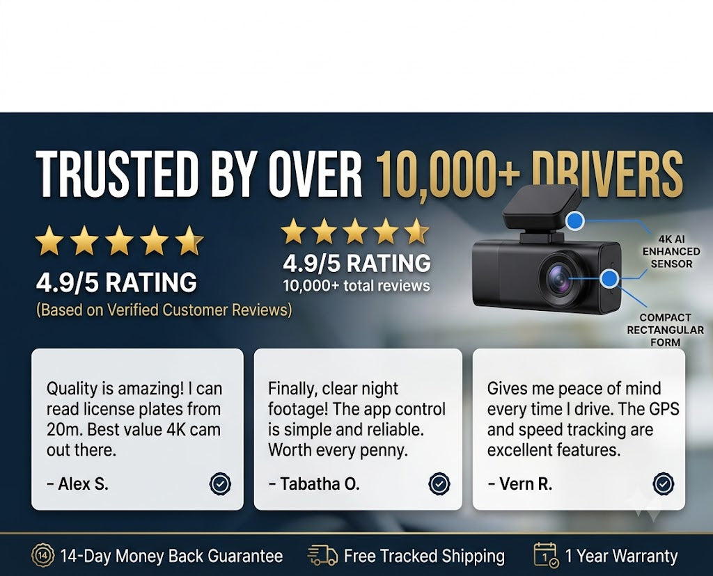 Promotional graphic for a black dash cam with a mounted bracket, showing a 4K AI enhanced sensor, compact rectangular form, and customer review badges. The text highlights trust with over 10,000 drivers and includes a 14-day money back guarantee, free tracked shipping, and 1 year warranty.