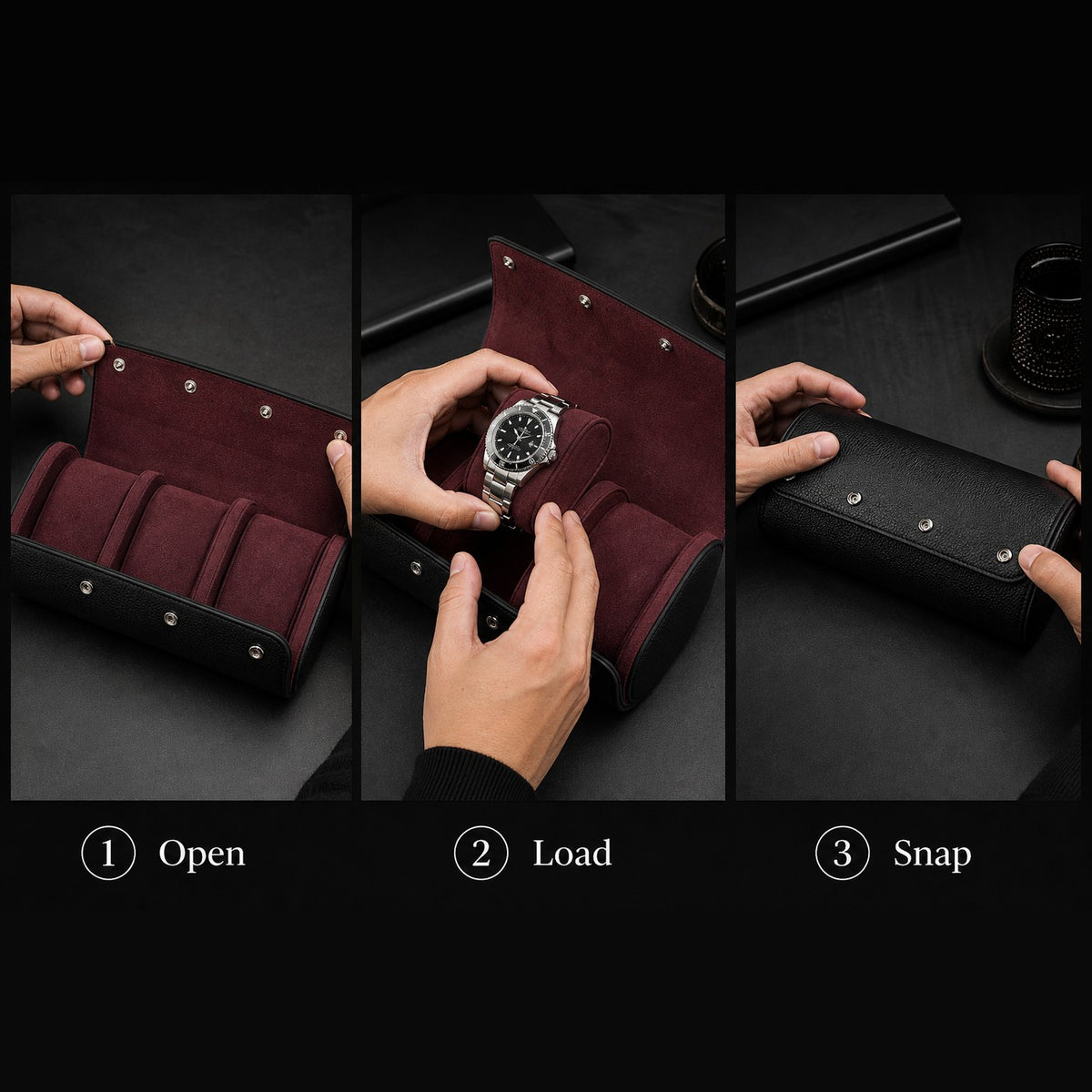 ChronoRoll Noir Black three steps: Open, Load, Snap