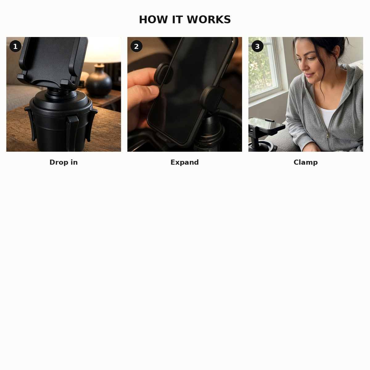 Three steps: Expand base, Clamp phone, Navigate