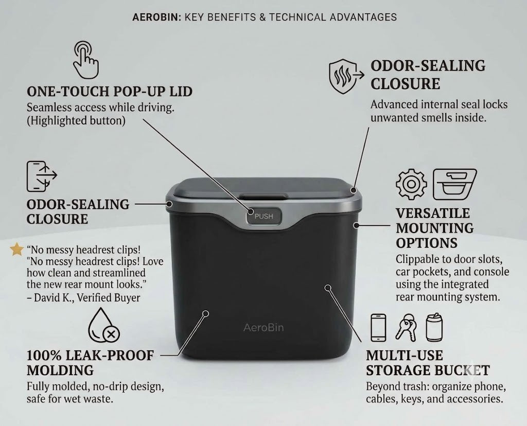 AerobicBin key benefits and technical advantages diagram centered on a black pop-up trash bin, with callout lines and text describing one-touch pop-up lid, odor-sealing closure, leak-proof molding, and multi-use storage bucket.