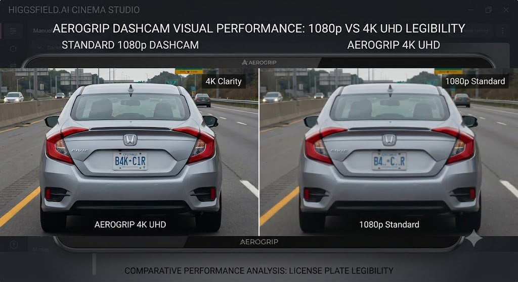 A side-by-side comparison graphic showing the rear view of a silver Honda Civic on a highway, labeled for Aerogrip dashcam visual performance between 1080p standard and 4K UHD legibility.