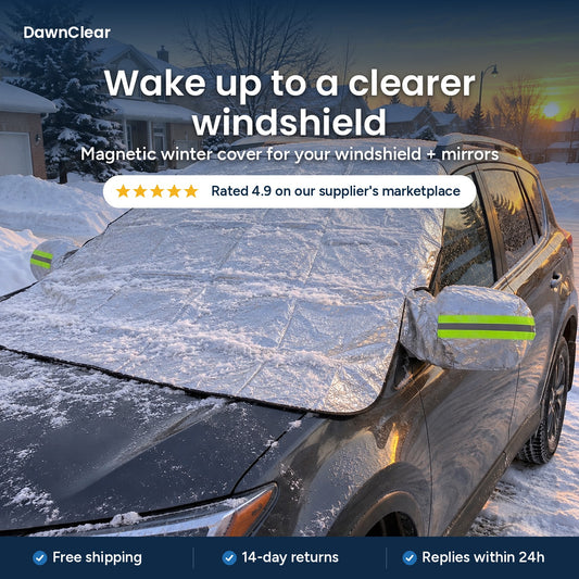 DawnClear™ windshield snow and frost cover with mirror covers on an SUV in a snowy driveway, rated 4.9 on our supplier's marketplace