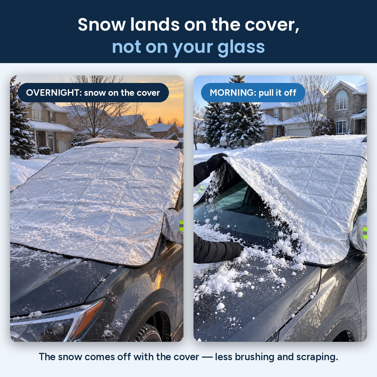 Overnight snow lands on the DawnClear™ cover; in the morning it pulls off to leave the windshield clear