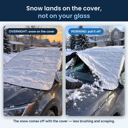 Overnight snow lands on the DawnClear™ cover; in the morning it pulls off to leave the windshield clear