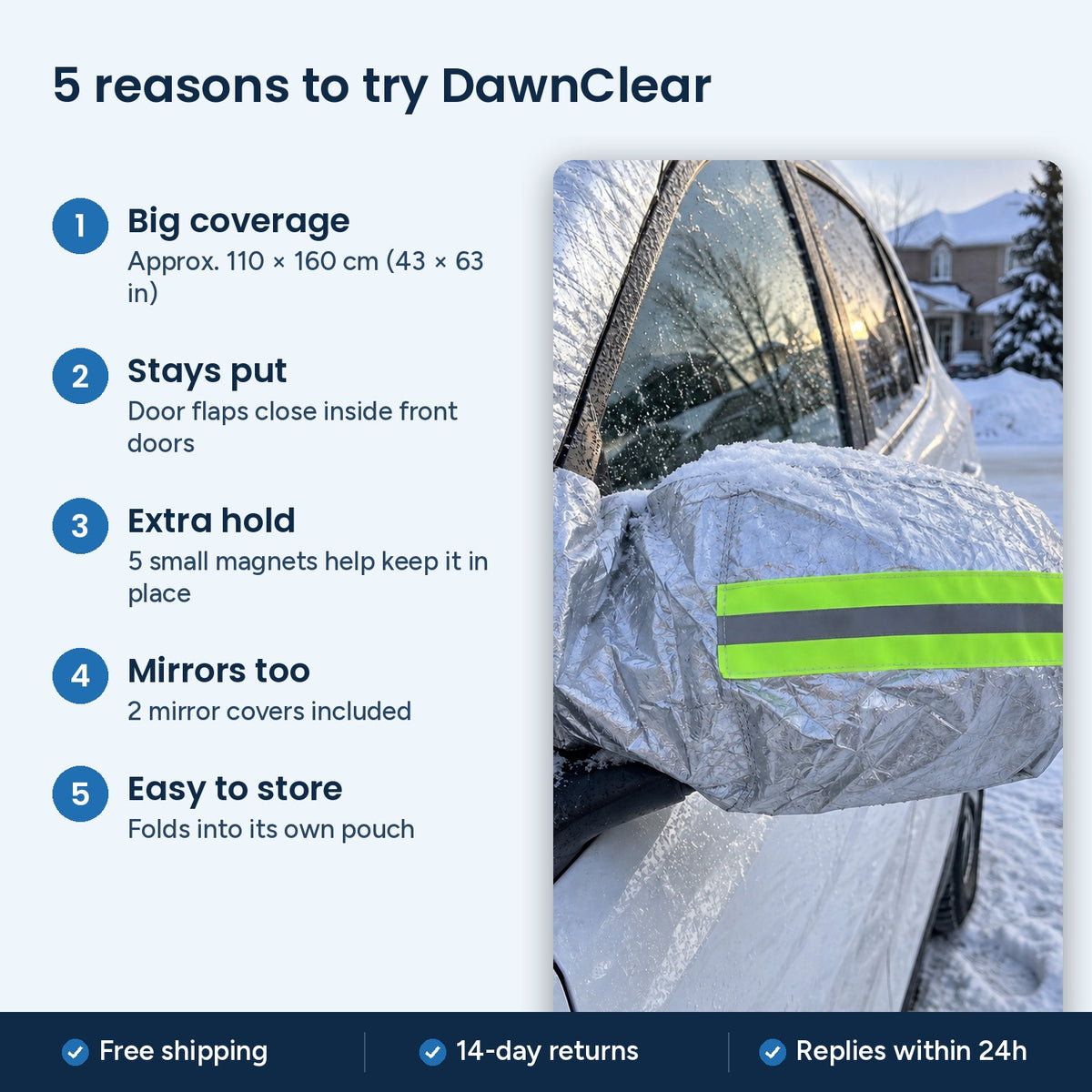 5 reasons to try DawnClear™: big coverage approx. 110 × 160 cm, door flaps, 5 small magnets, 2 mirror covers, folds into its pouch