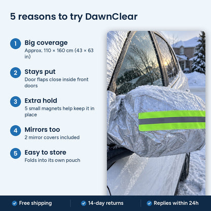 5 reasons to try DawnClear™: big coverage approx. 110 × 160 cm, door flaps, 5 small magnets, 2 mirror covers, folds into its pouch