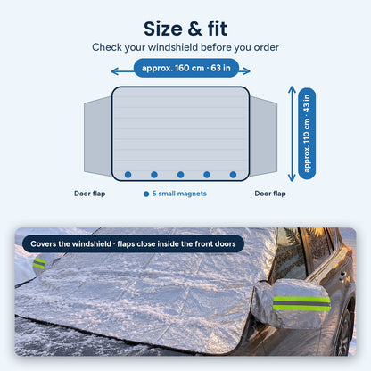 DawnClear™ size and fit diagram: approx. 160 × 110 cm with door flaps and 5 small magnets