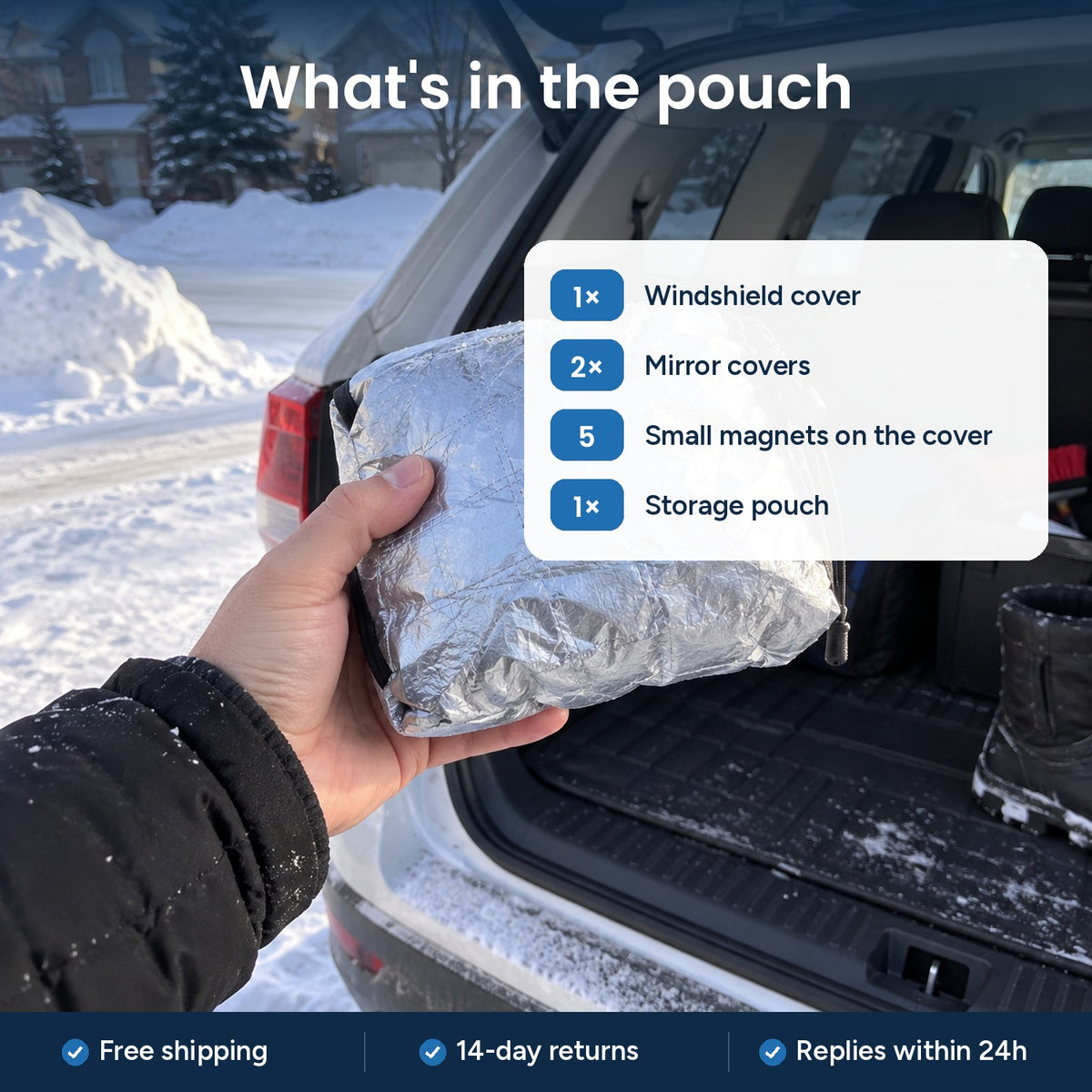 What's in the DawnClear™ pouch: windshield cover, 2 mirror covers, 5 small magnets, storage pouch