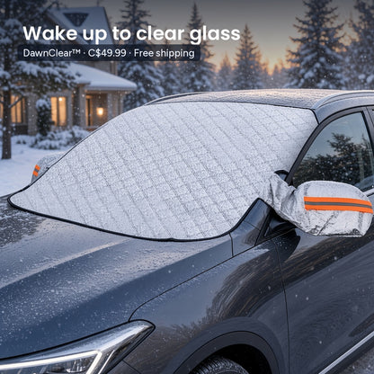DawnClear™ quilted silver windshield cover with orange-banded mirror covers on an SUV in a snowy driveway at dawn