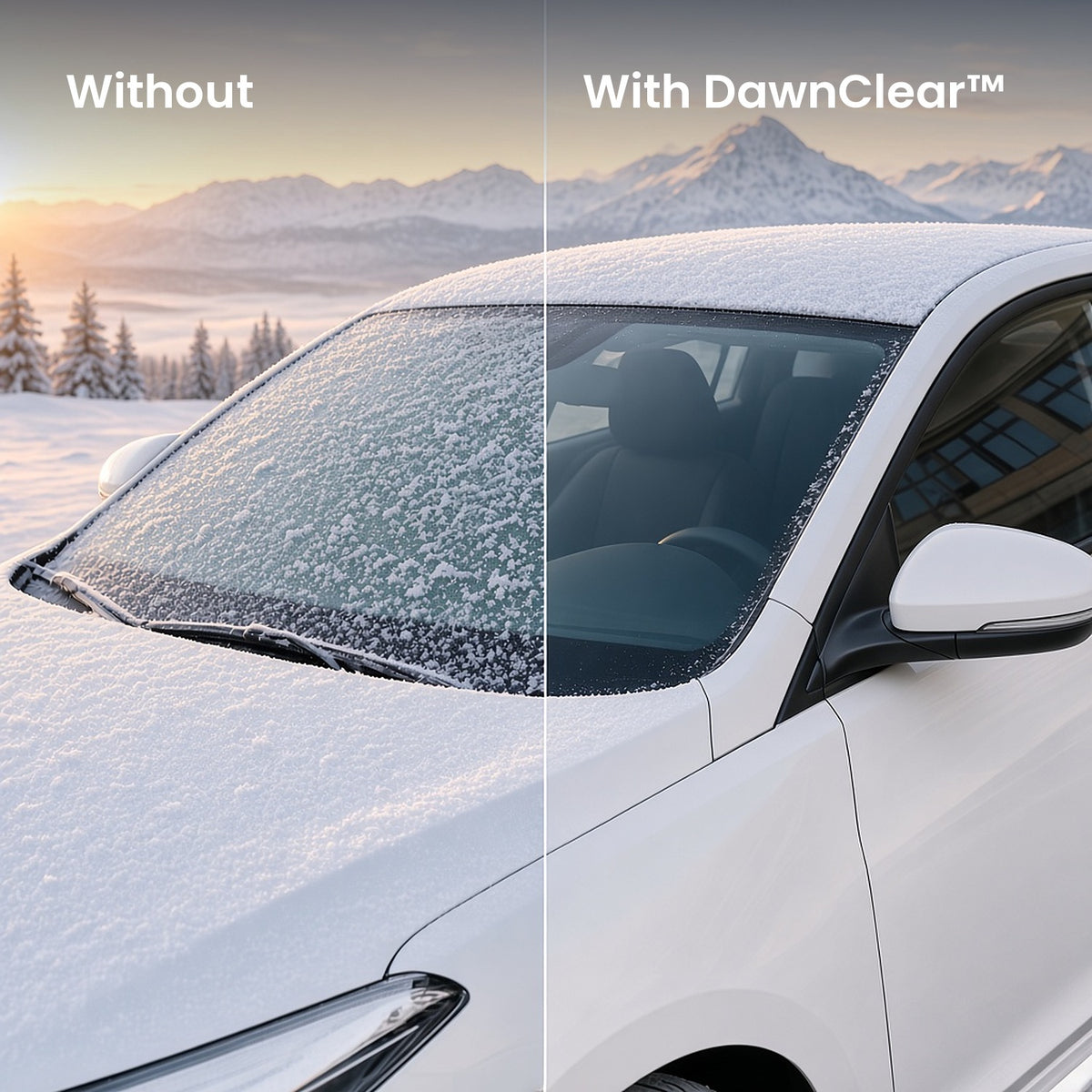 Before and after: frosted windshield without a cover vs clear windshield with DawnClear™