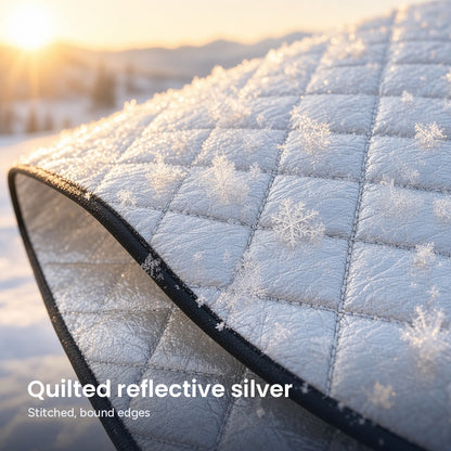 Close-up of DawnClear™ quilted reflective silver fabric with stitched, bound black edges