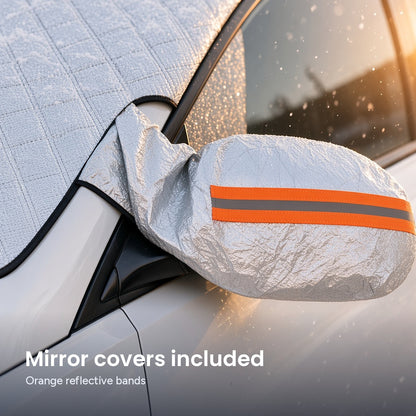 DawnClear™ mirror cover with orange reflective band on a car side mirror