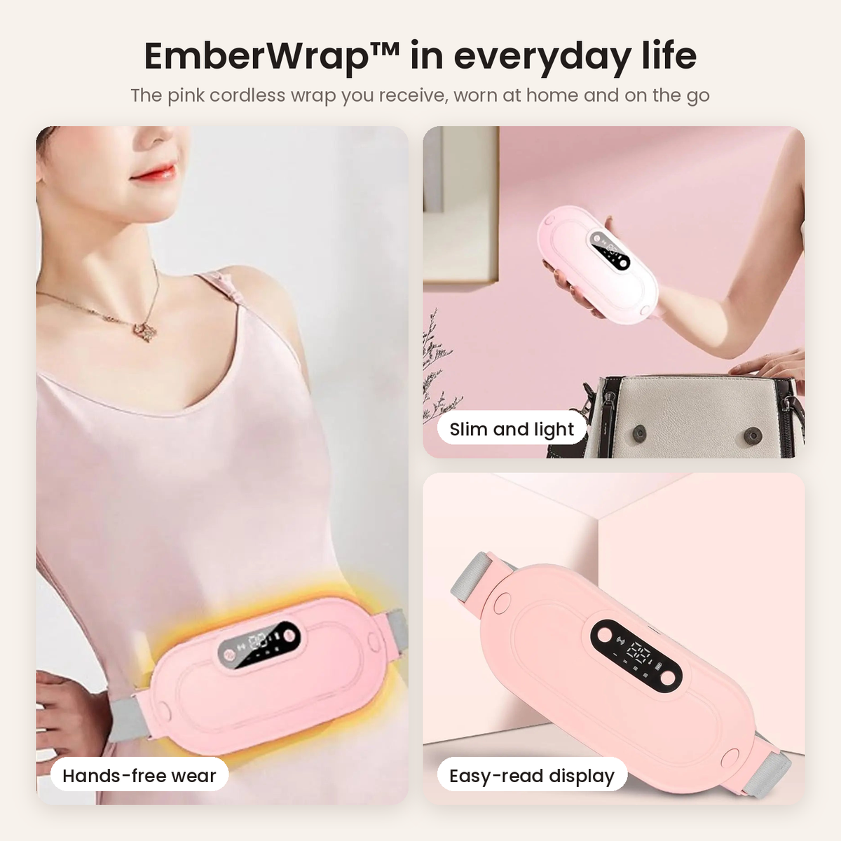 EmberWrap™ pink cordless heating wrap in everyday life: worn over a top, held in hand, display close-up