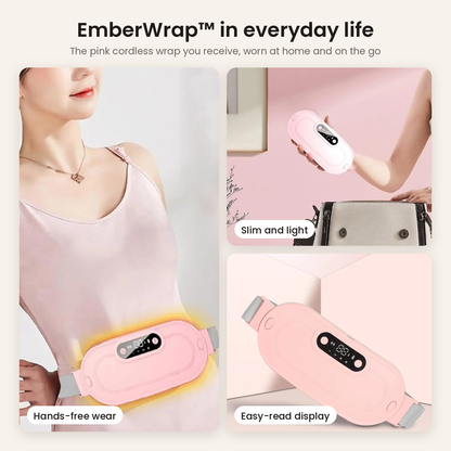 EmberWrap™ pink cordless heating wrap in everyday life: worn over a top, held in hand, display close-up