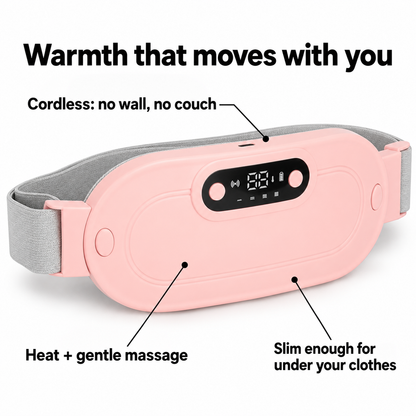 EmberWrap™ pink cordless heating belt – benefits: cordless, heat + gentle massage, slim under clothes