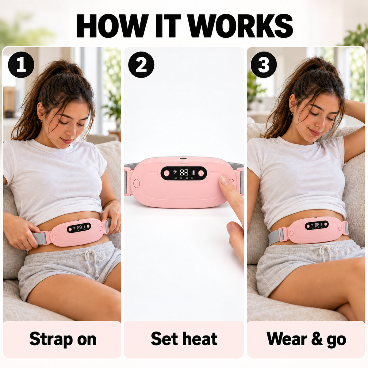 How to use the EmberWrap™ cordless heating wrap, pink: strap on, set heat, wear