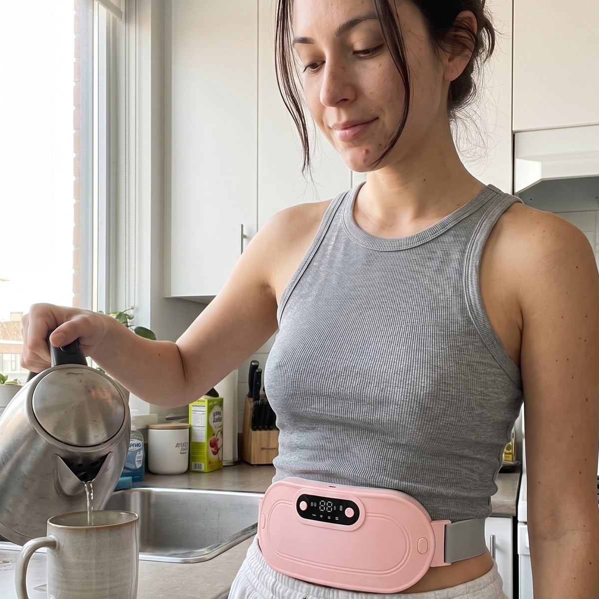 EmberWrap™ cordless heating wrap in pink, worn around the waist while making tea in the kitchen