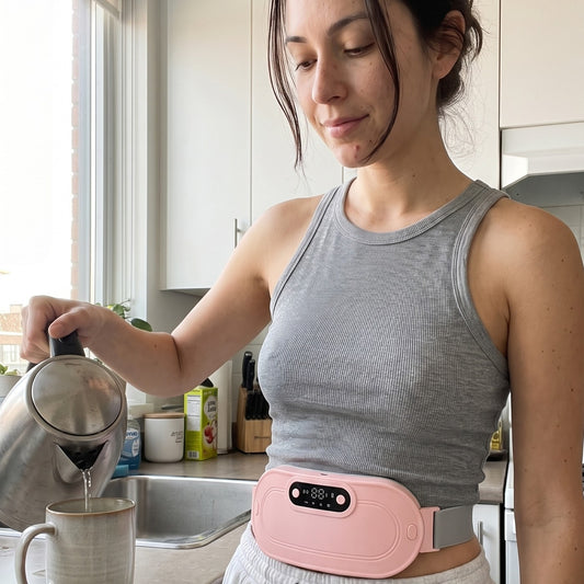 EmberWrap™ cordless heating wrap in pink, worn around the waist while making tea in the kitchen