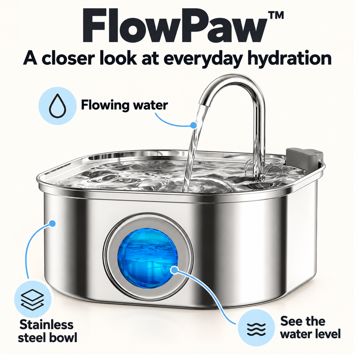 FlowPaw fountain: flowing water, stainless steel bowl and visible water-level window