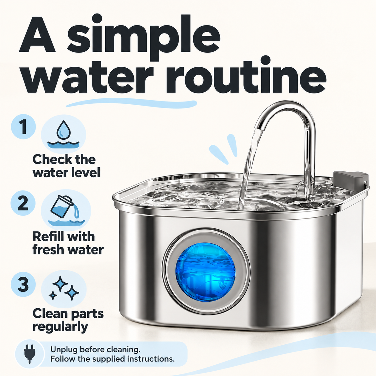 Check water level, refill with fresh water, clean regularly and unplug before cleaning