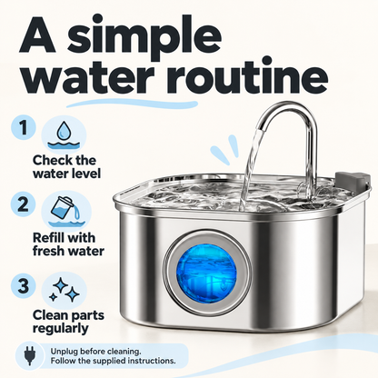 Check water level, refill with fresh water, clean regularly and unplug before cleaning