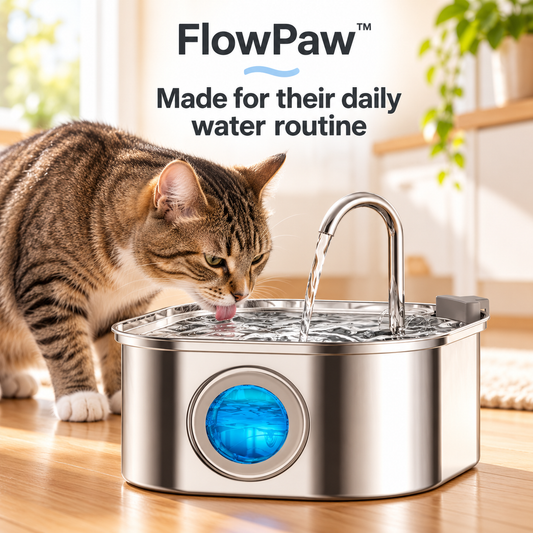 Illustrative scene of a tabby cat drinking from the FlowPaw fountain