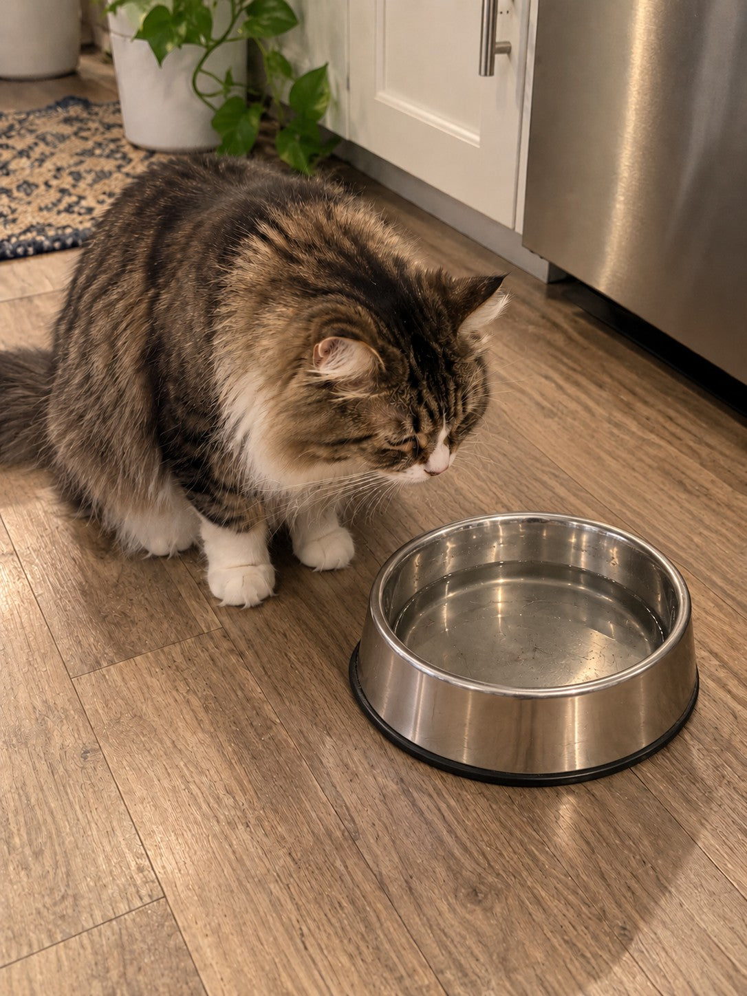 Long-haired cat sitting next to a plain stainless steel water bowl on a kitchen floor
