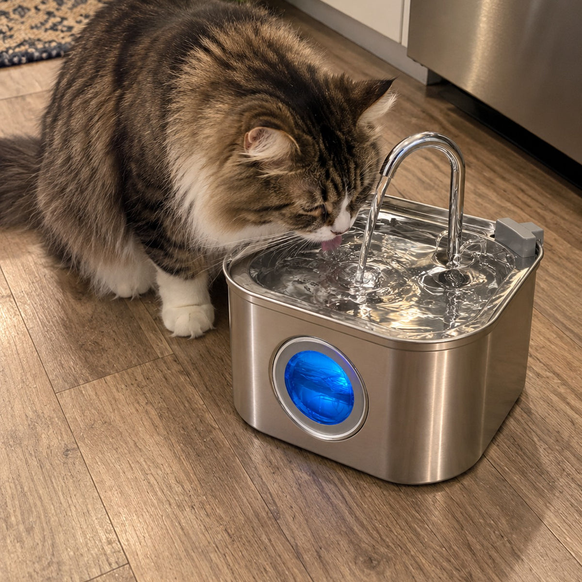 Cat drinking from the FlowPaw™ stainless fountain with the blue water window