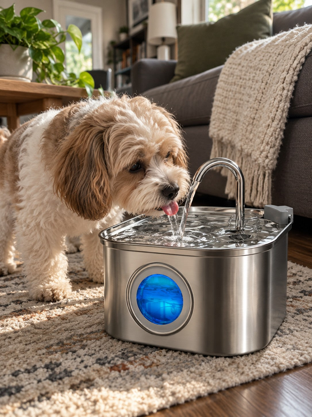 FlowPaw™ fountain with a dog drinking