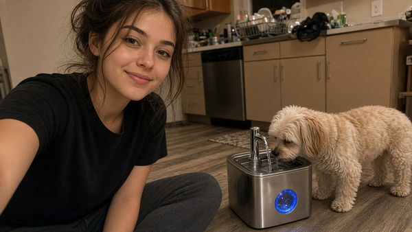 FlowPaw UGC floater 01 — pet at fountain