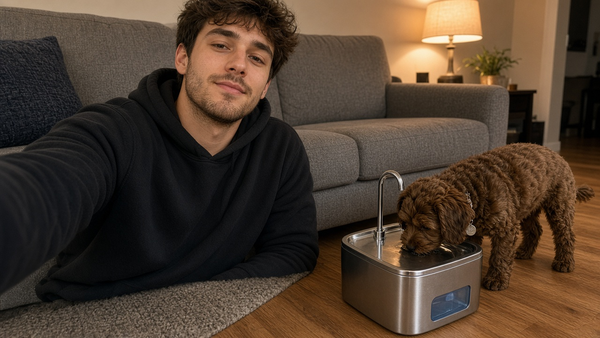 FlowPaw UGC floater 05 — stainless fountain in use